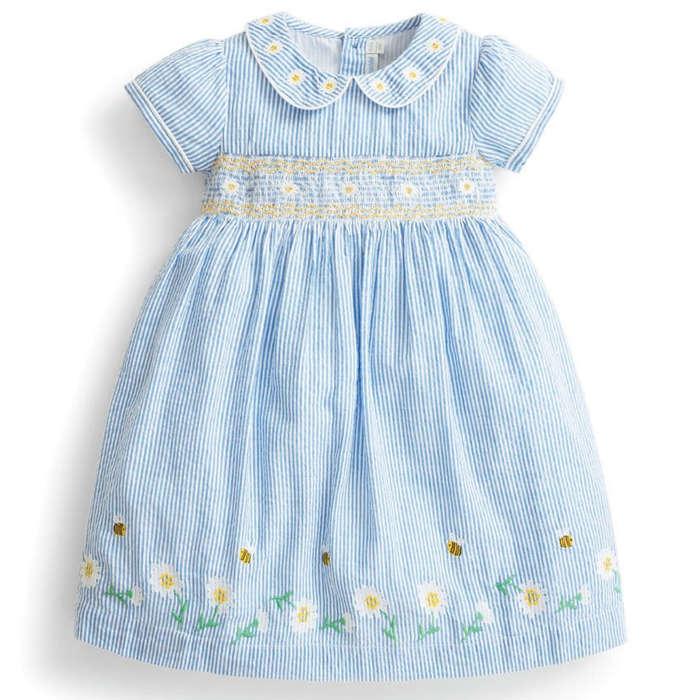 JoJo Maman Bebe Blue Stripe Daisy Smocked Dress