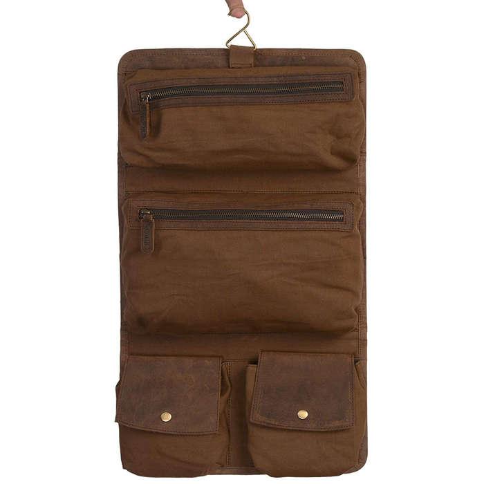KomalC Genuine Buffalo Leather Hanging Toiletry Bag