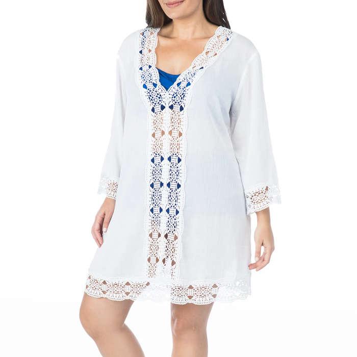 La Blanca Plus Size Crochet-Trim Cover-Up Dress