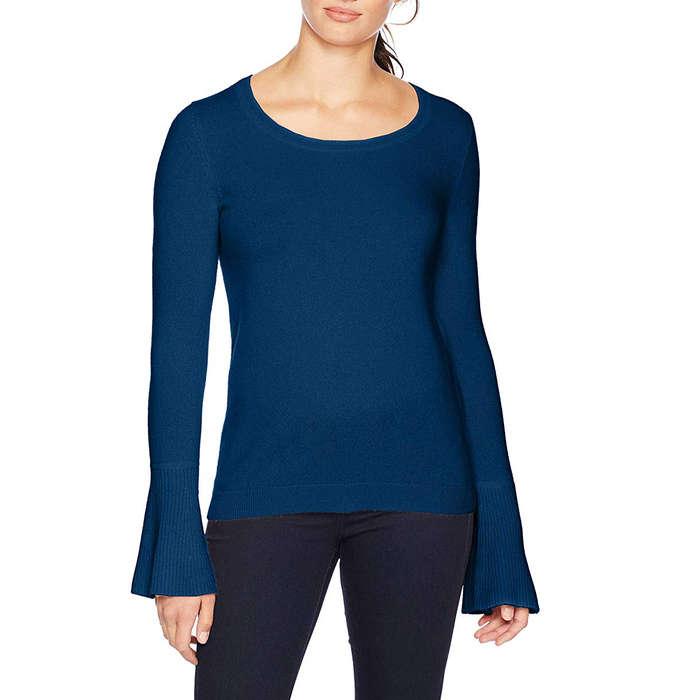 Lark & Ro Crewneck Cashmere Sweater with Flute Sleeves