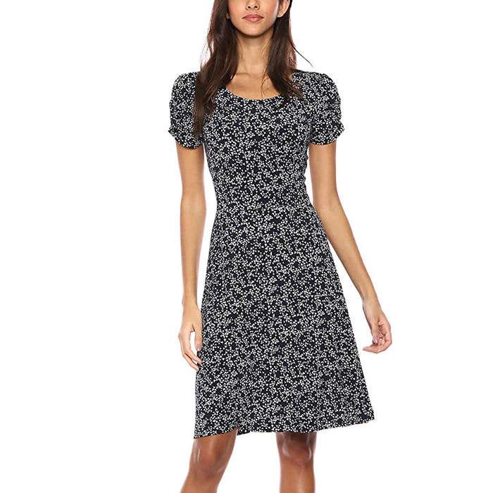 Lark & Ro Gathered Short Sleeve Crew Neck Fit and Flare Dress