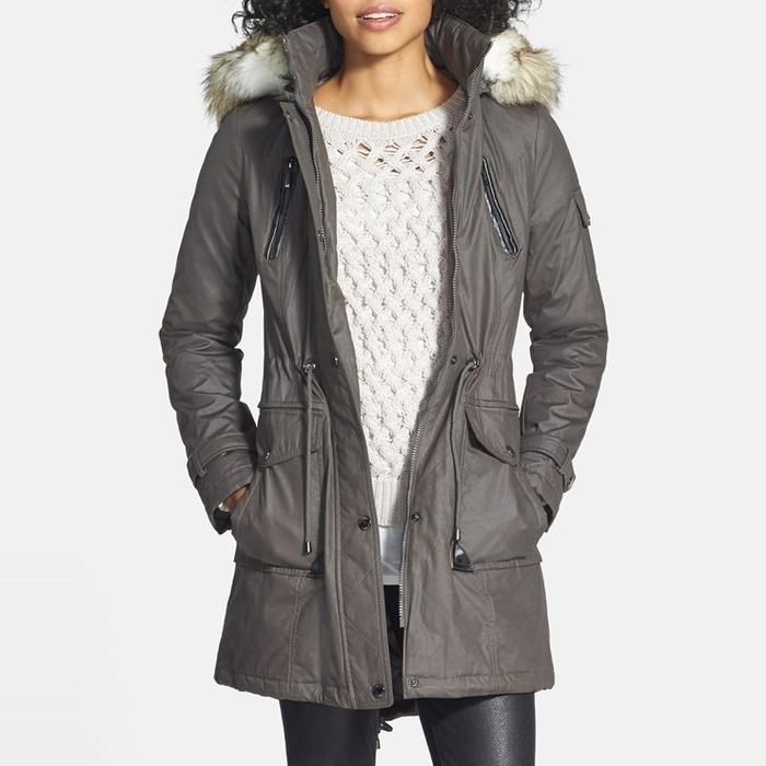 Laundry by Shelli Segal Coated Parka with Faux Fur Trim