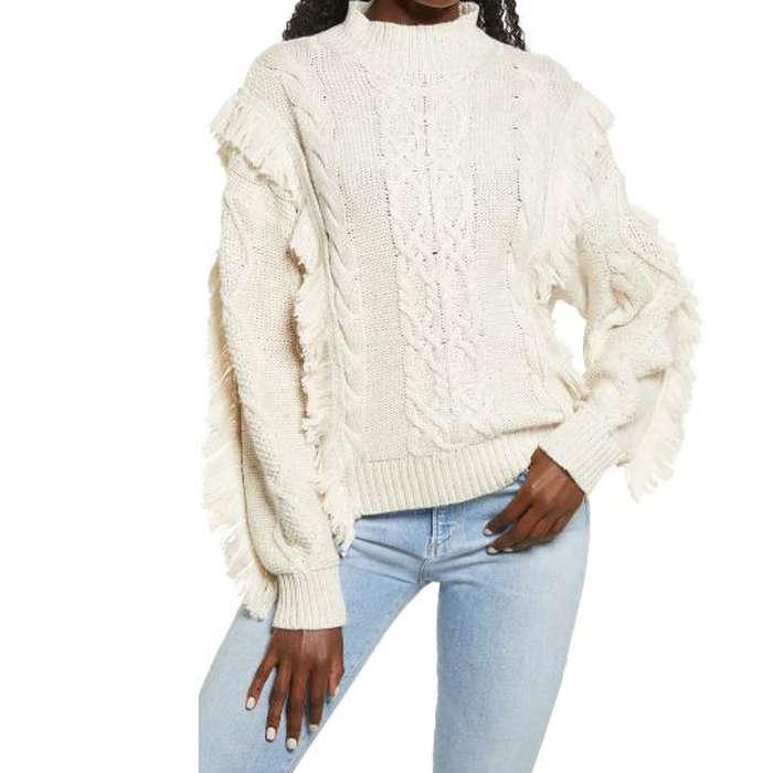 Leith Cable Knit Fringe Sweater