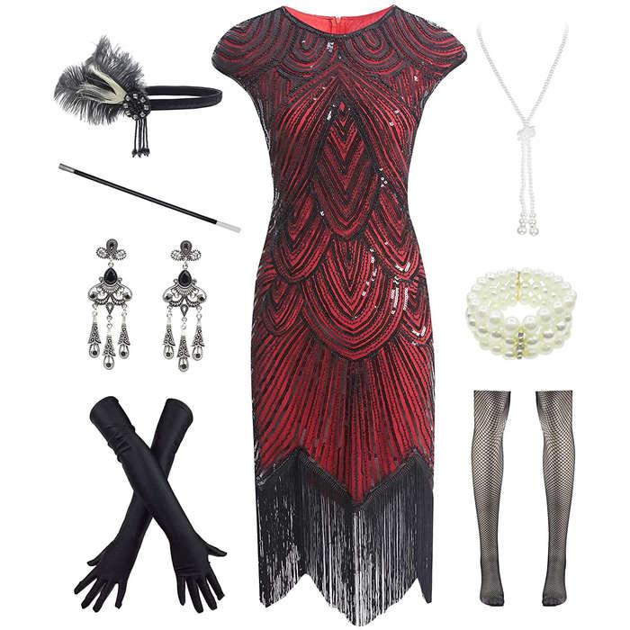 Letter Love 1920s Sequin Gatsby Flapper Dress With Accessories