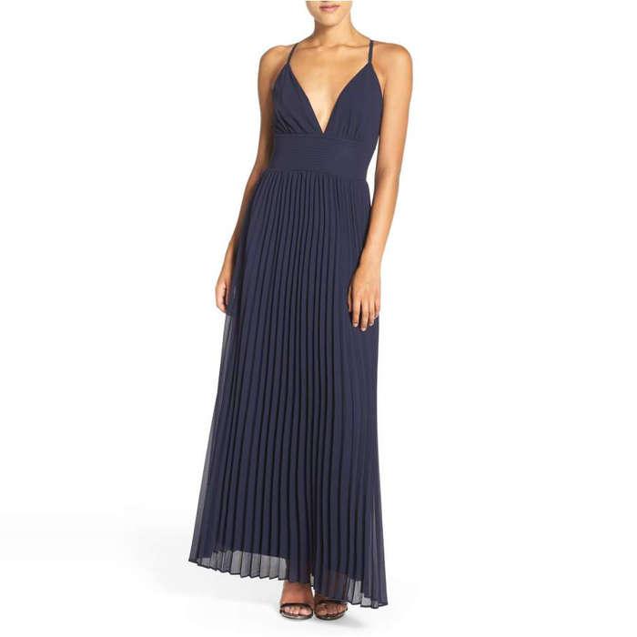 Lulu's Plunging V-Neck Pleat Georgette Gown