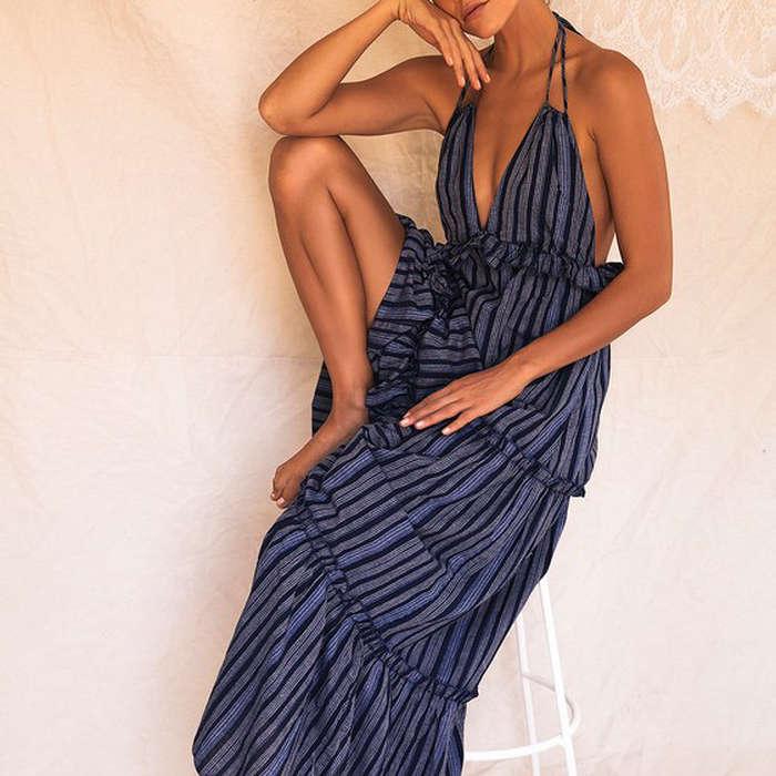 Lulu's Vacay Babe Striped Halter Maxi Dress