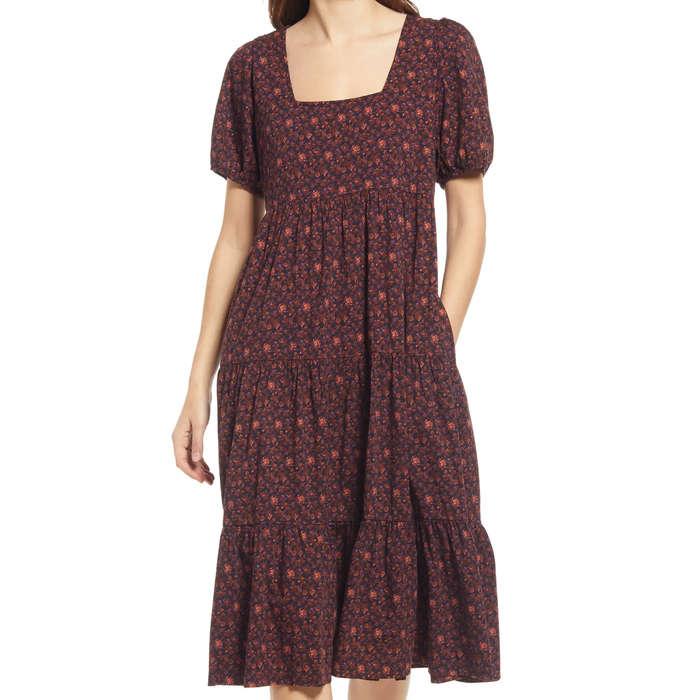 Madewell Aidy Square-Neck Tiered Midi Dress In Orchard Floral