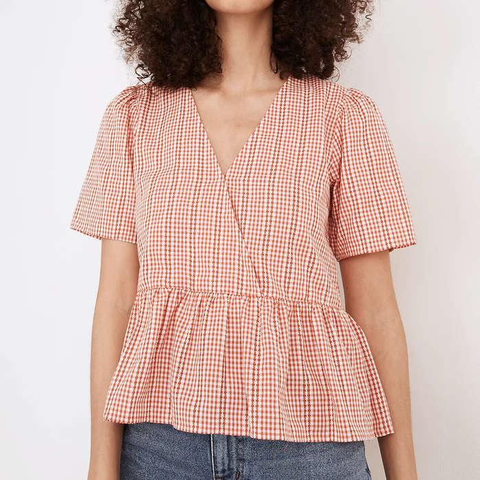 Madewell Crossover Peplum Top In Textured Gingham Check