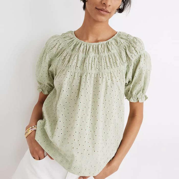Madewell Daisy Embroidered Shirred Puff-Sleeve Top