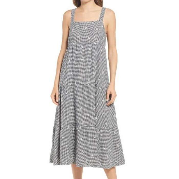 Madewell Embroidered Tiered Midi Dress In Gingham Check
