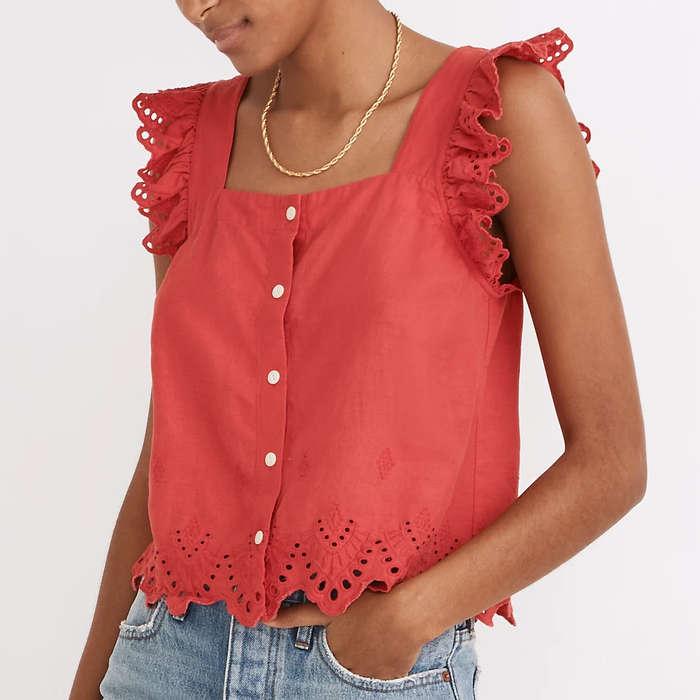 Madewell Eyelet Ruffle-Strap Button-Up Tank Top