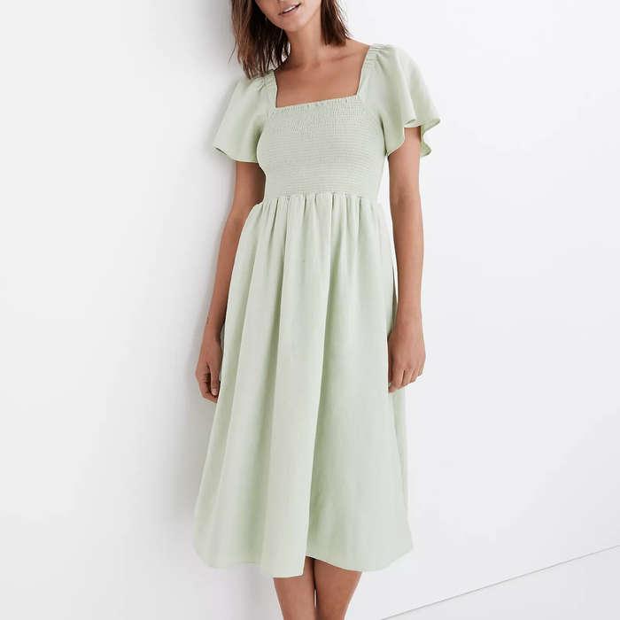 Madewell Linen-Blend Lucie Smocked Midi Dress