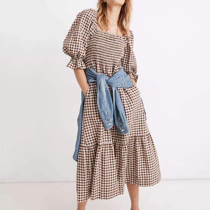 Madewell Lucie Elbow-Sleeve Smocked Midi Dress In Gingham