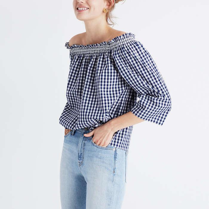 Madewell Smocked Gingham Off-The-Shoulder Top