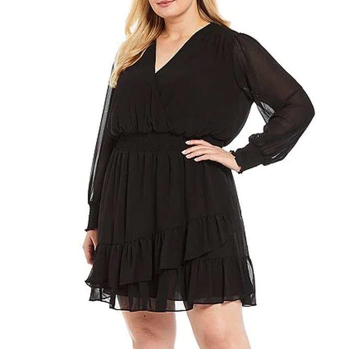Michael Kors Plus Size Georgette V-Neck Long Sleeve Faux Wrap Dress
