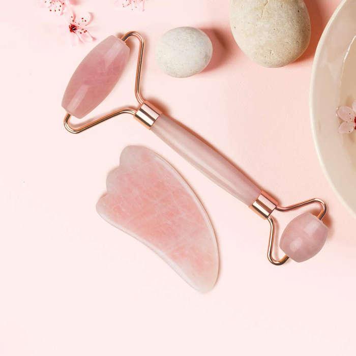 Mikacare 2-in-1 Rose Quartz Roller and Gua Sha