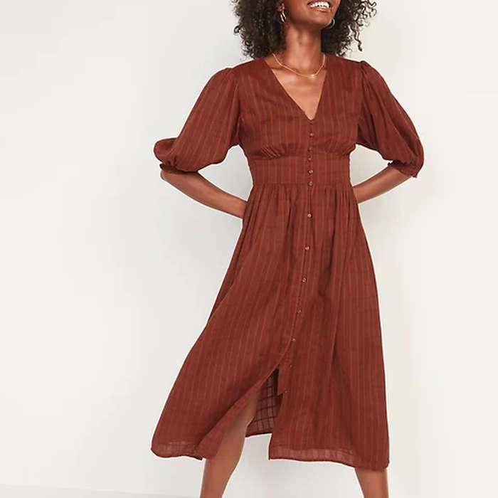 Old Navy Fit And Flare Puff-Sleeve Dobby Midi Dress