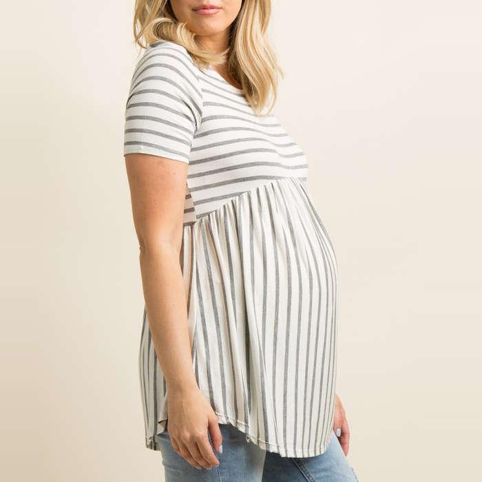 Pink Blush Grey Striped Crisscross Back Peplum Maternity Top