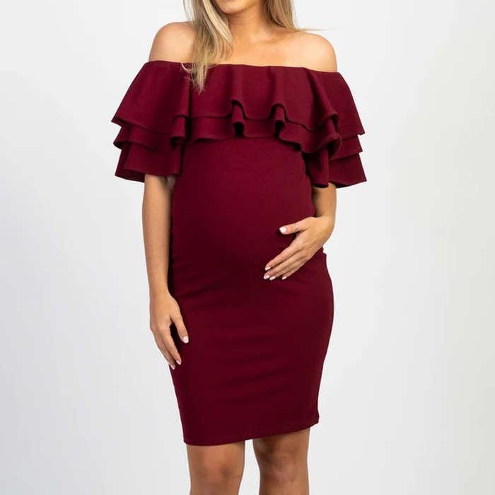 PinkBlush Layered Ruffle Off Shoulder Fitted Maternity Dress