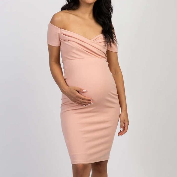 PinkBlush Solid Off Shoulder Maternity Fitted Dress