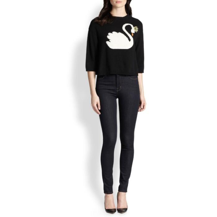 RED Valentino Intarsia-Swan Cropped Sweater