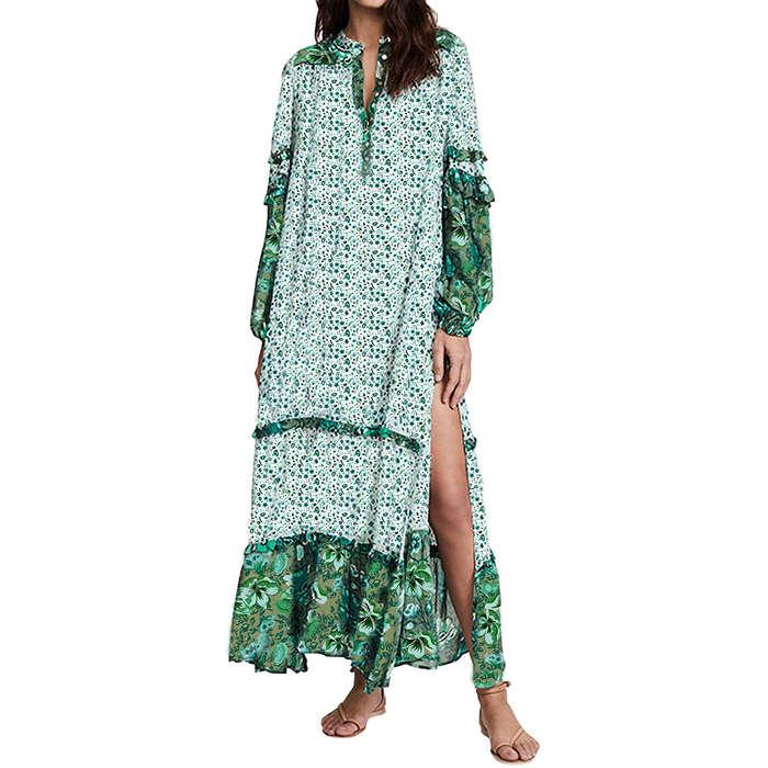 R.Vivimos Long Sleeve Floral Print Bohemian Maxi Dresses With Slit
