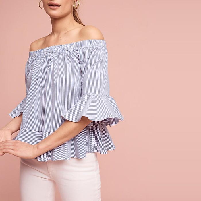 Sunday In Brooklyn Pinstripe Off-The-Shoulder Blouse