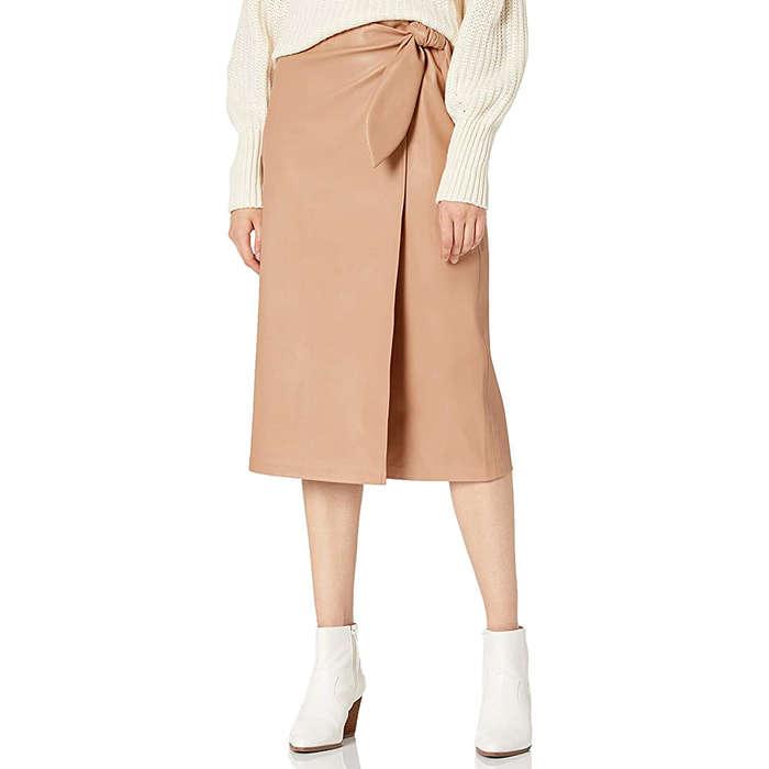 The Drop Manon Faux Leather Wrap Front Midi Skirt