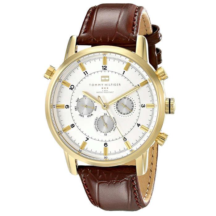 Tommy Hilfiger Gold-Tone Watch with Brown Leather Band