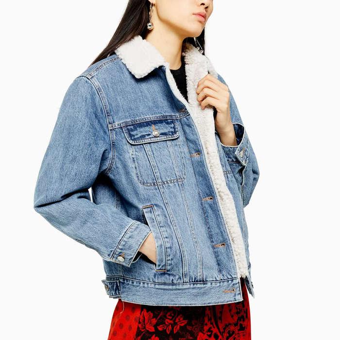 Topshop Oversized Blue Denim Borg Lined Jacket