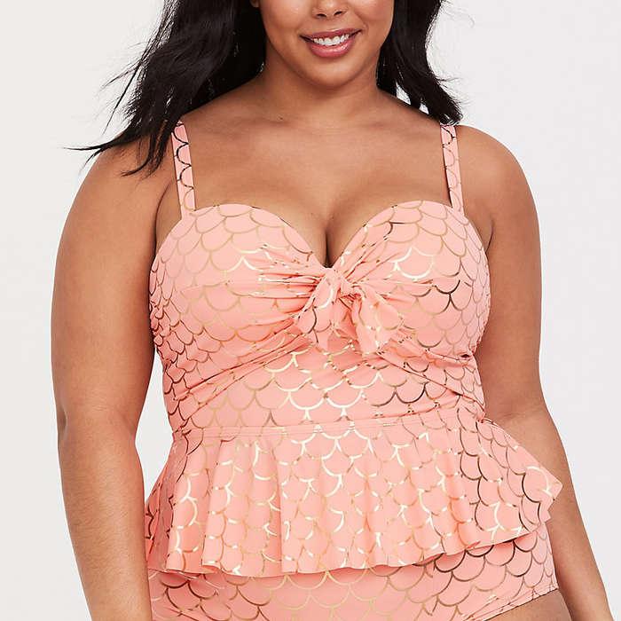 Torrid Coral & Rose Gold Mermaid Lightly Lined Midkini Top