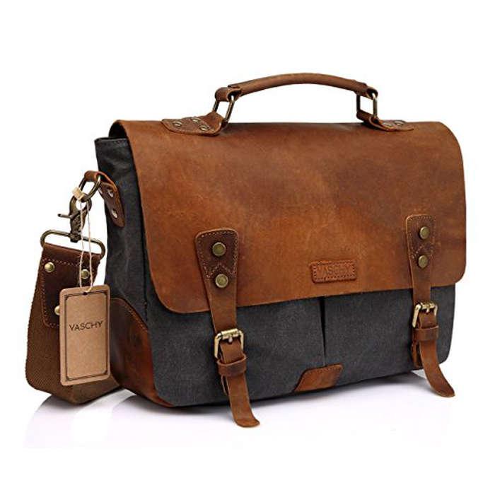 Vaschy Vintage Genuine Leather Canvas Messenger Bag