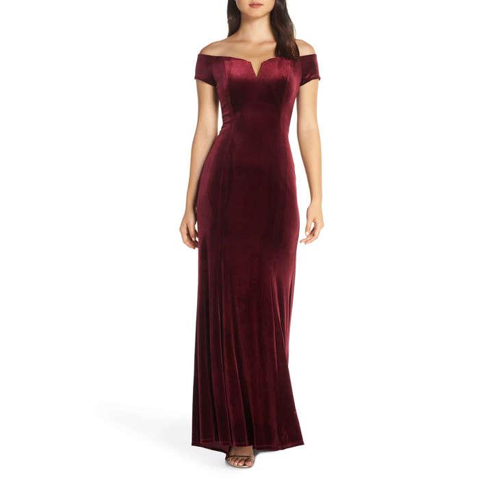 Vince Camuto Notch Neck Velvet Off the Shoulder Gown