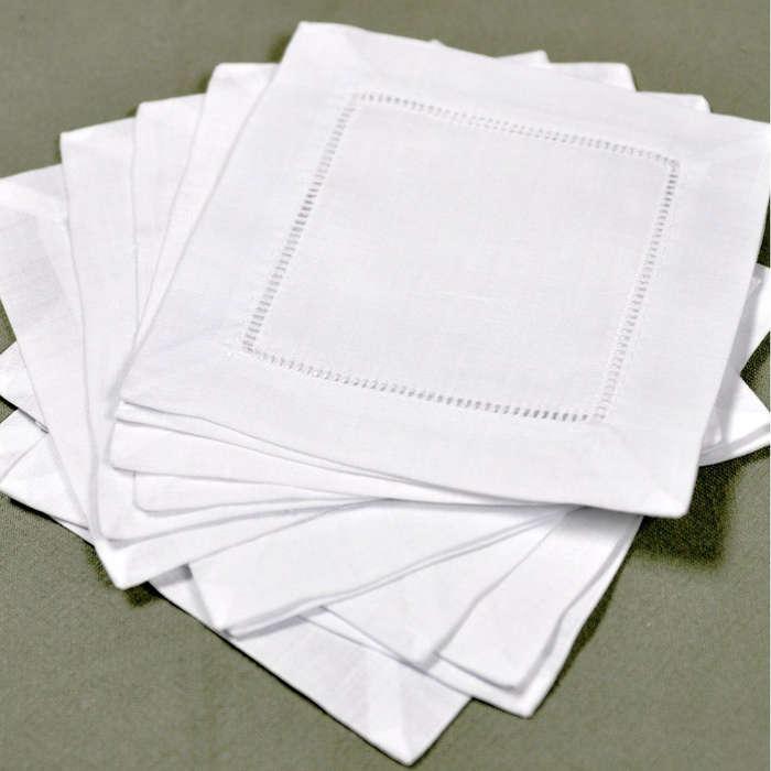 Bumblebee Linens White Linen Hemstitched Cocktail Napkins