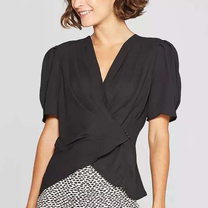 Who What Wear Short Sleeve Deep V-Neck Wrap Top