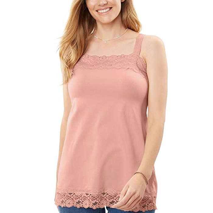 Woman Within Plus Size Lace-Trimmmed Tank Top