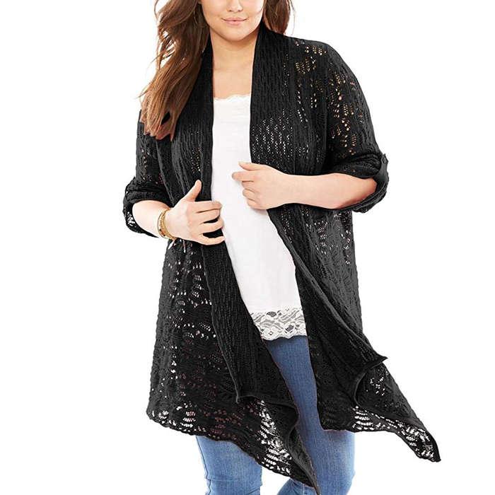 Woman Within Plus Size Open Front Cardigan Pointelle Sweater