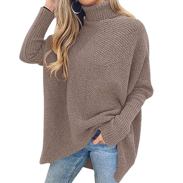 Anrabess Asymmetric Batwing Sleeve Turtleneck Sweater