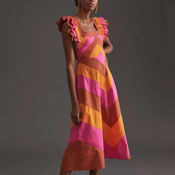 Love The Label Ruffled Colorblocked Midi Dress