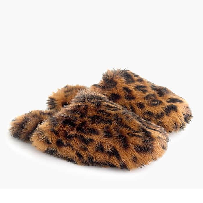 J.Crew Leopard Fuzzy Leopard Slippers