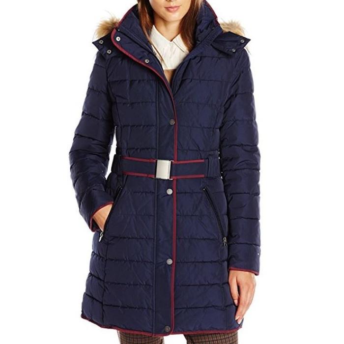 Tommy Hilfiger Belted Down Coat with Fur Trim Hood