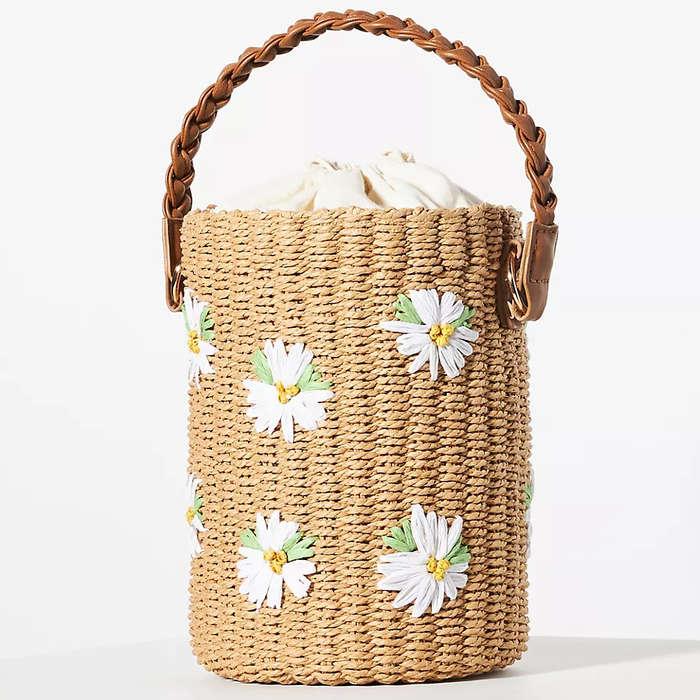 Anthropologie Daisy Embellished Straw Bucket Bag