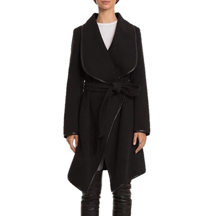 Belle Badgley Mischka Tessa Belted Wrap Coat with Faux Leather Trim