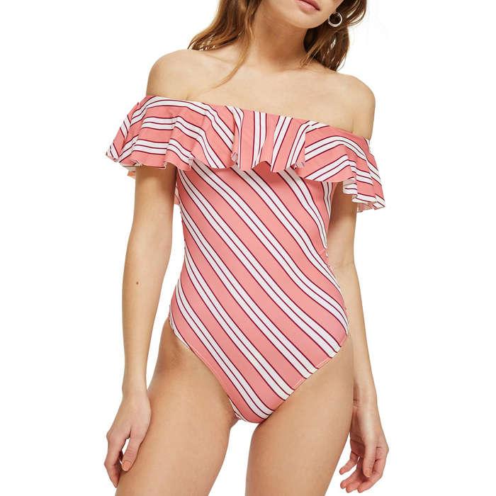 Topshop Ruffle Off the Shoulder One-Piece Swimsuit