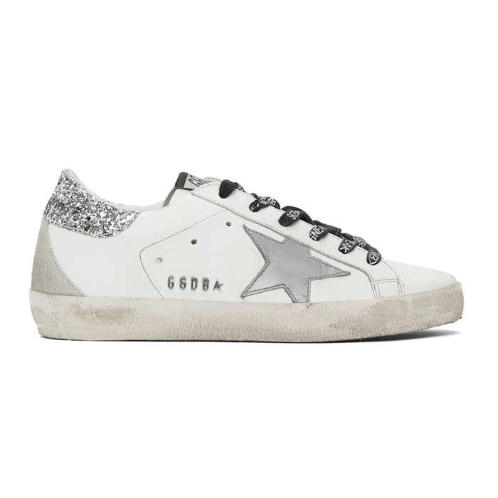 Golden Goose White & Silver Glitter Superstar Sneakers