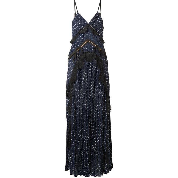 Self Portrait Cutout Lace-Trimmed Pleated Fil Coupé Chiffon Maxi Dress