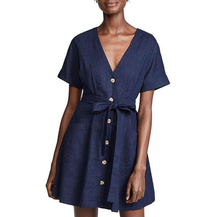 Moon River Short Sleeve Robe Tie Deep V Dress With Front Pockets