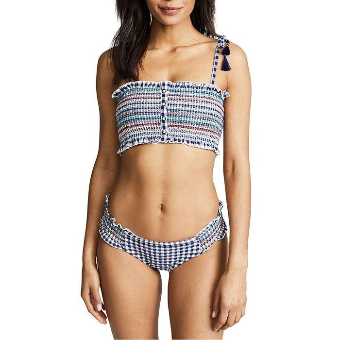 Red Carter Stitches Smocked Bandeau Bikini