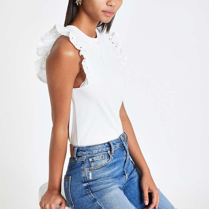 River Island White Broiderie Frill T-shirt