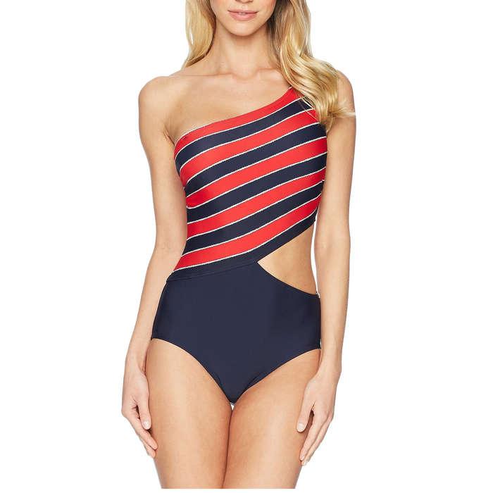 MICHAEL Michael Kors Rugby Stripe One Shoulder Cut Out Swimsuit